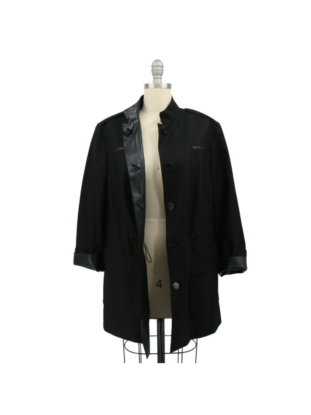 Akris Punto Black Wool Faux Leather Trim Longline Button Front Jacket 14